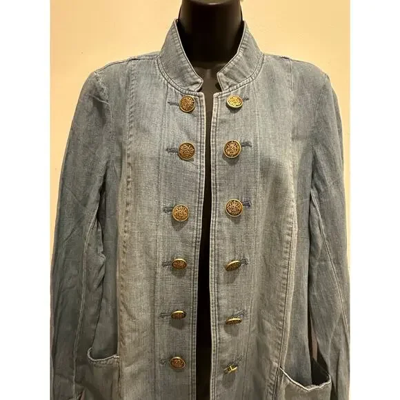 J.Jill Denim Linen Blend Military style Duster In Sequoia Wash Size M MSRP: $139 - Picture 5 of 11